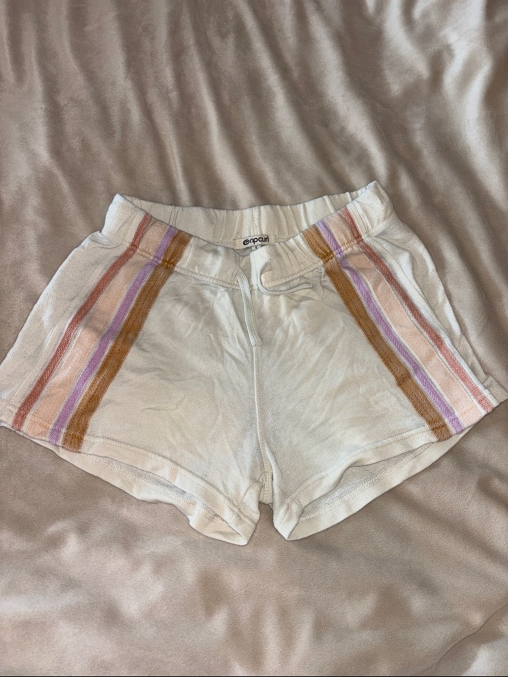 Rip Curl White Athletic Shorts with Pink, Purple & Tan Stripes